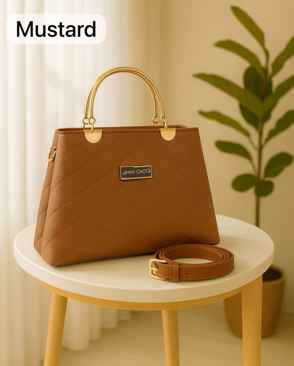 Premium Quilted Faux Leather Handbag with Golden Metal Handles - Elegant Shoulder Tote Collection - Mustard