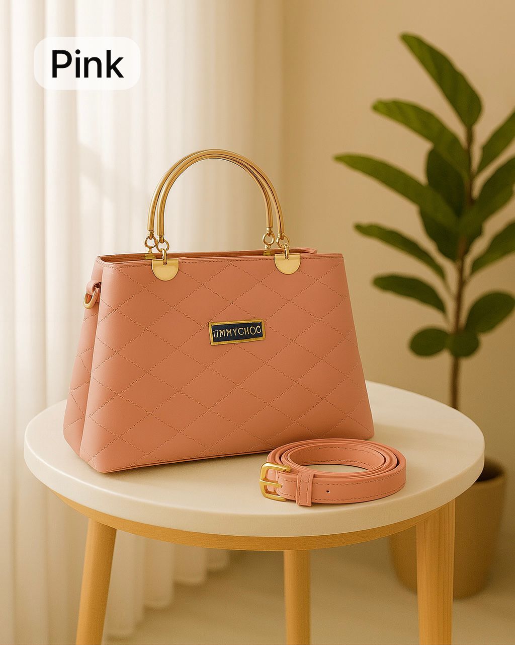 Premium Quilted Faux Leather Handbag with Golden Metal Handles - Elegant Shoulder Tote Collection - Pink