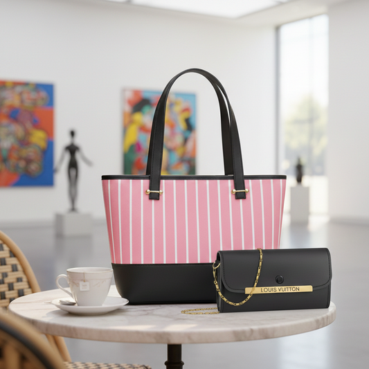 Elegant 2-Piece Women's Handbag Set: Chic Pink Striped Tote & Sophisticated Louis Vuitton Branded Chain Clutch