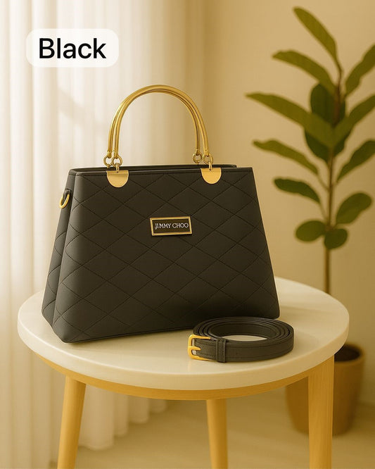 Premium Quilted Faux Leather Handbag with Golden Metal Handles - Elegant Shoulder Tote Collection - Black