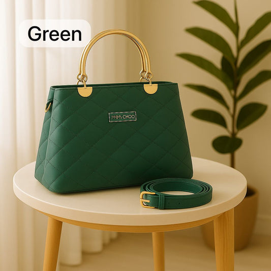 Premium Quilted Faux Leather Handbag with Golden Metal Handles - Elegant Shoulder Tote Collection - Green