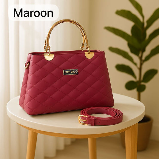 Premium Quilted Faux Leather Handbag with Golden Metal Handles - Elegant Shoulder Tote Collection - Maroon