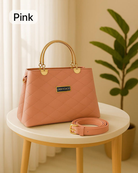Premium Quilted Faux Leather Handbag with Golden Metal Handles - Elegant Shoulder Tote Collection - Pink